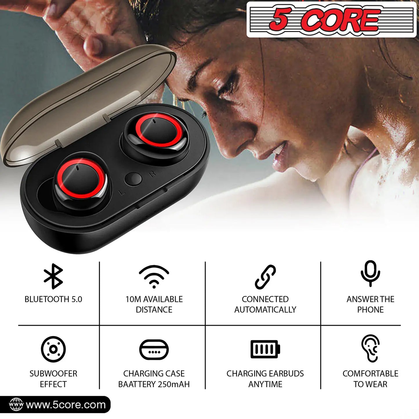 Water Resistant 5 Core Wireless Ear Buds Mini Bluetooth Headphones 32 Hours Playtime
