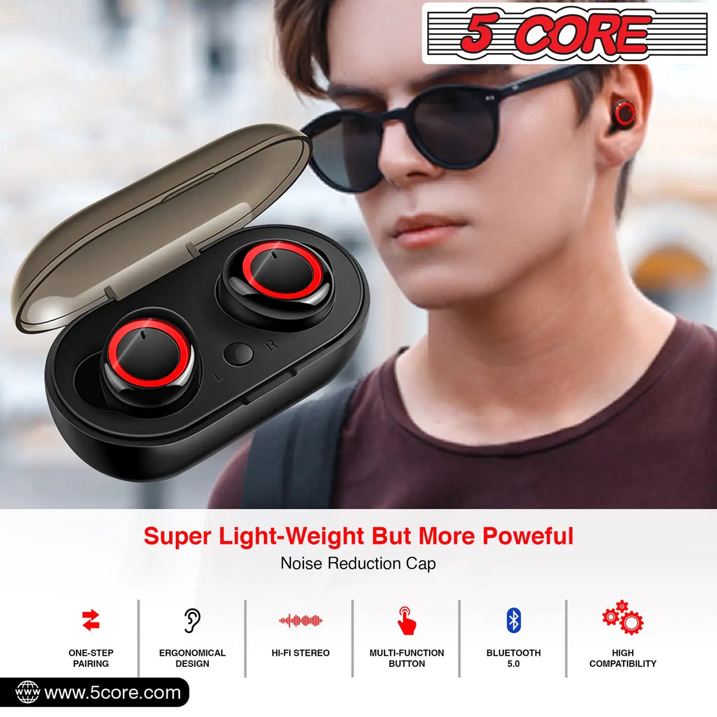 Water Resistant 5 Core Wireless Ear Buds Mini Bluetooth Headphones 32 Hours Playtime