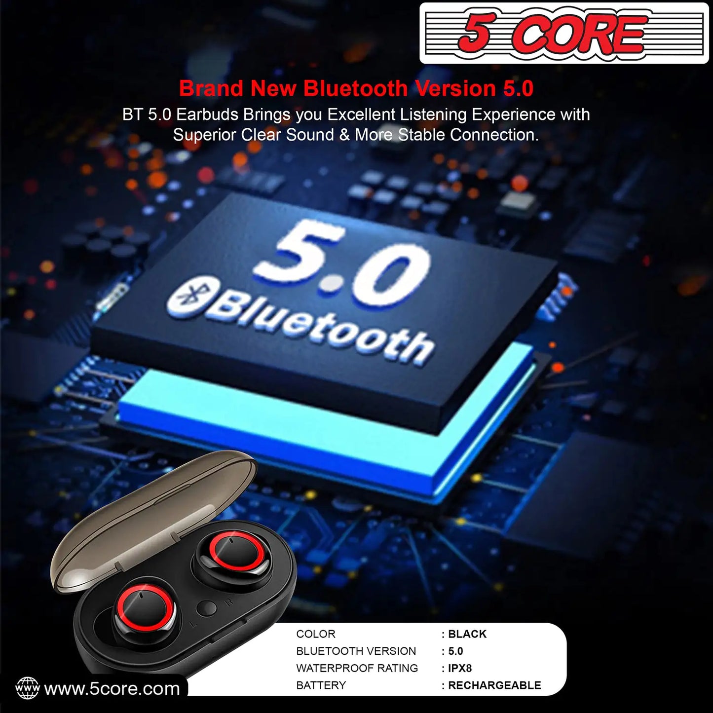 Water Resistant 5 Core Wireless Ear Buds Mini Bluetooth Headphones 32 Hours Playtime