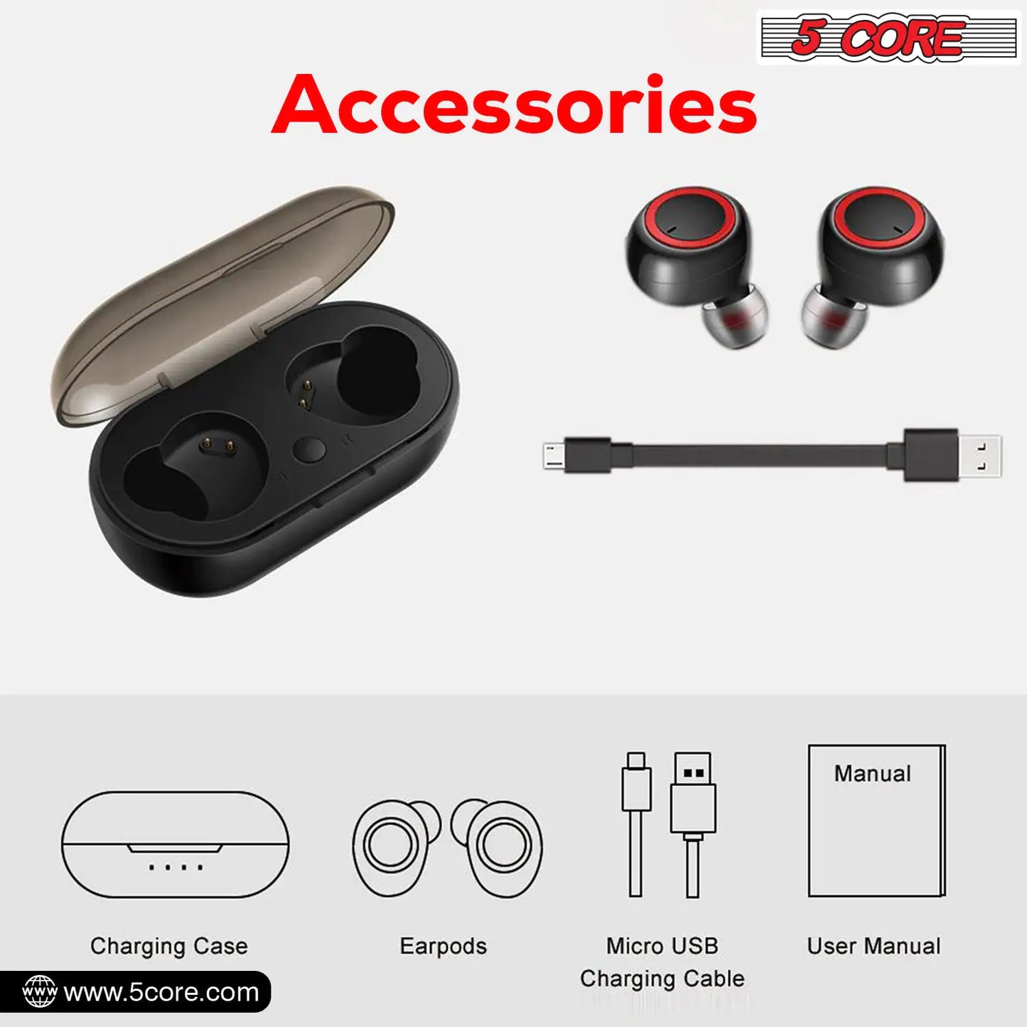 Water Resistant 5 Core Wireless Ear Buds Mini Bluetooth Headphones 32 Hours Playtime